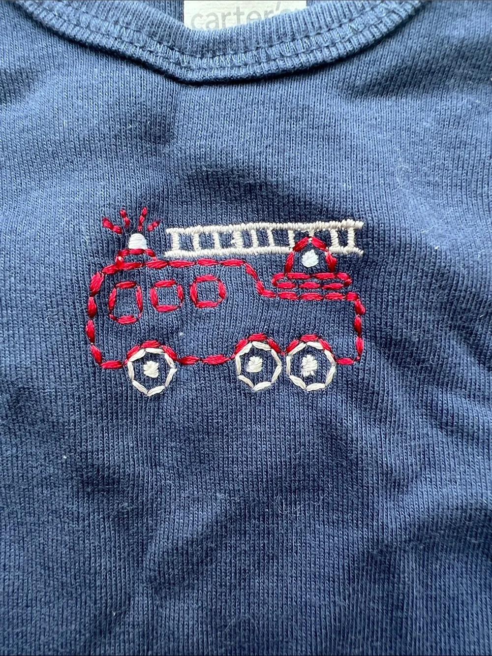 Carter's Navy Blue Short-Sleeve One-Piece with Red Fire Truck Embroidery